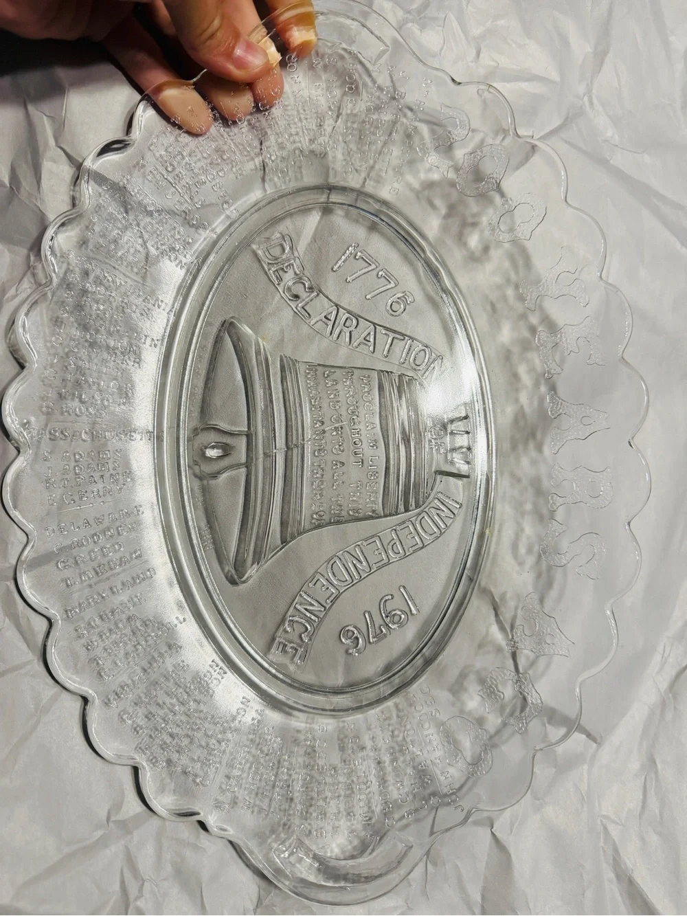 Vintage 1976 Bicentennial Liberty Bell Glass Platter Declaration Independence